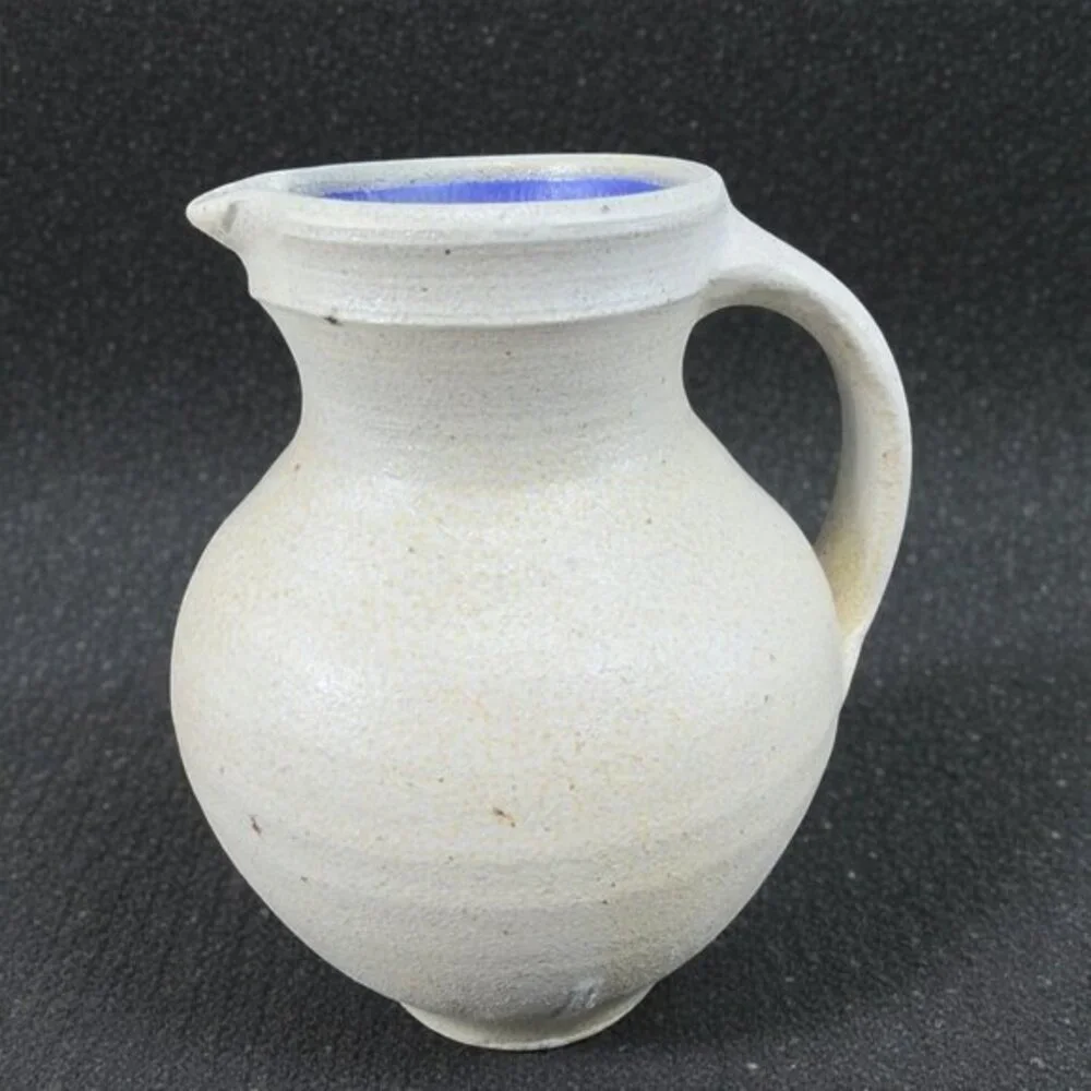 Kings Pottery‎ Seagrove NC Gray W Blue Inside Pitcher Carafe Jug Artist Marked